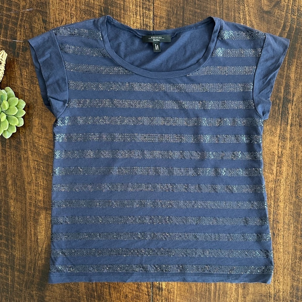 Weekend Max Mara | Navy Blue Sequin Striped Short Sleeve Crewneck Tee, Size S